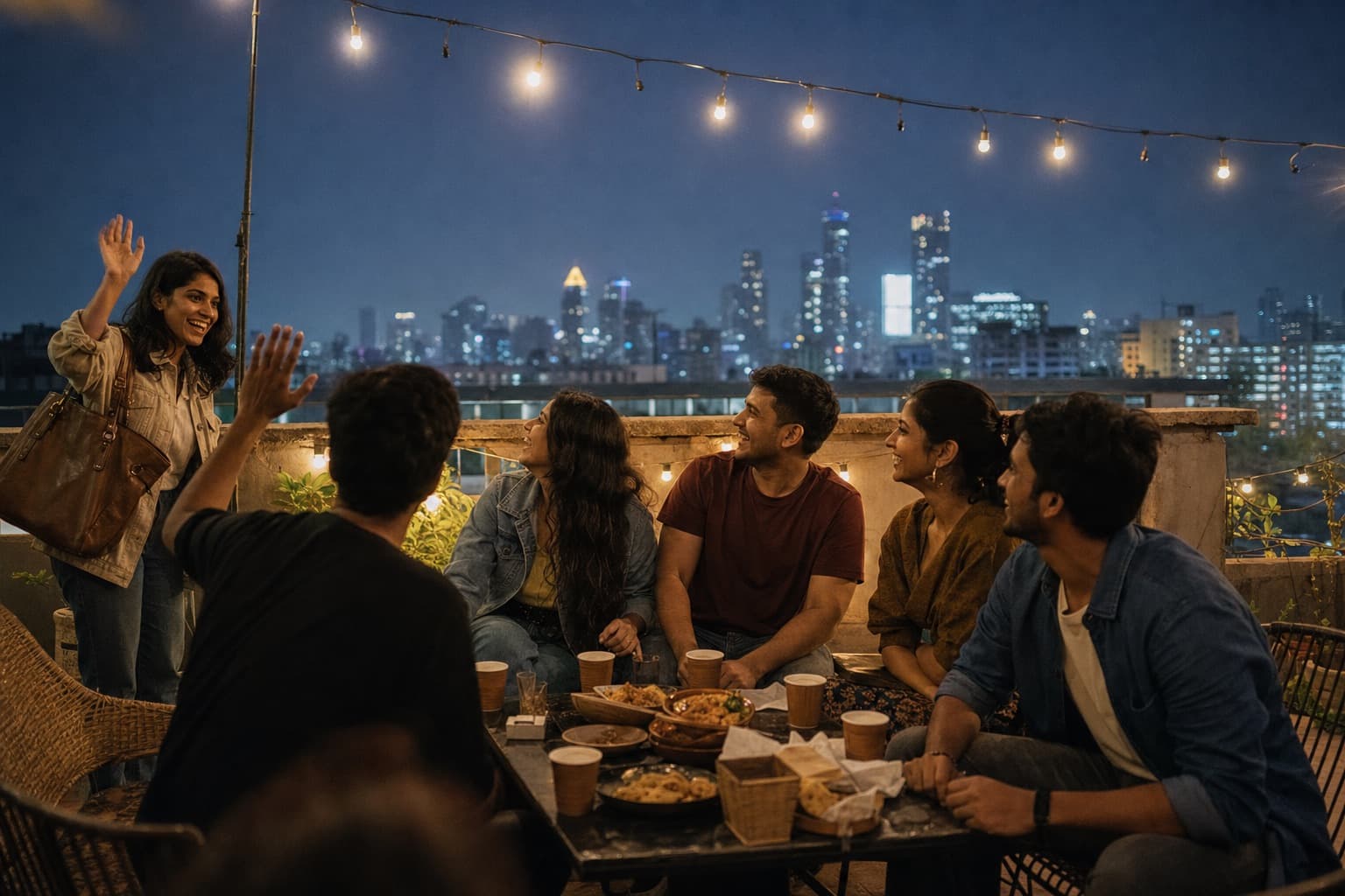 A rooftop meetup at dusk where a new member is being welcomed