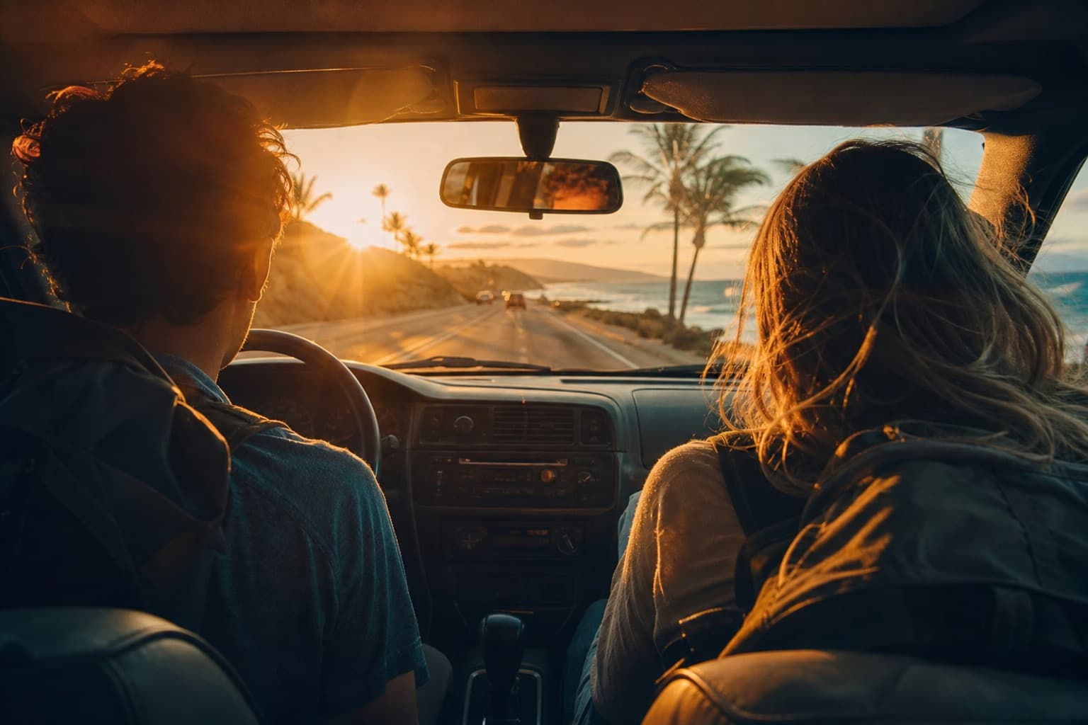 Two travellers sharing a sunrise drive along the coast